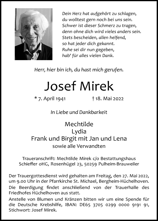 Anzeige von Josef Mirek von Kölner Stadt-Anzeiger / Kölnische Rundschau / Express