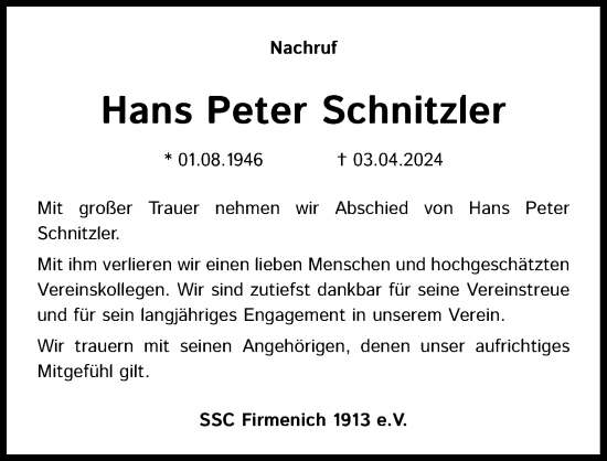 Anzeige von Hans Peter Schnitzler von Kölner Stadt-Anzeiger / Kölnische Rundschau / Express