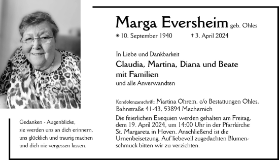 Anzeige von Marga Eversheim von  Blickpunkt Euskirchen 