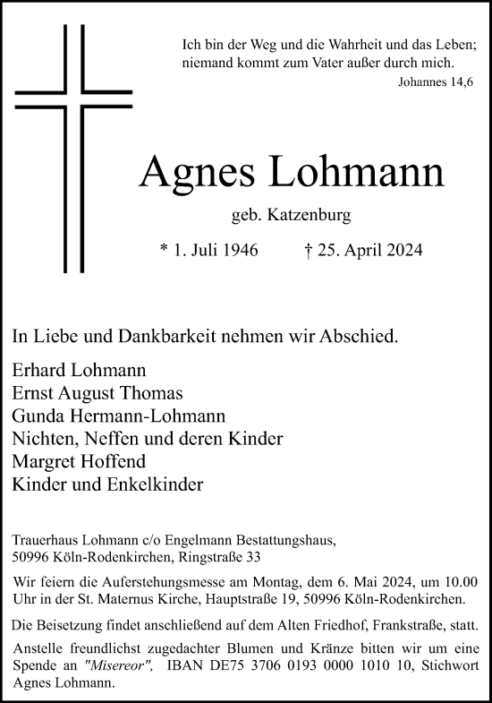 Anzeige von Agnes Lohmann von Kölner Stadt-Anzeiger / Kölnische Rundschau / Express