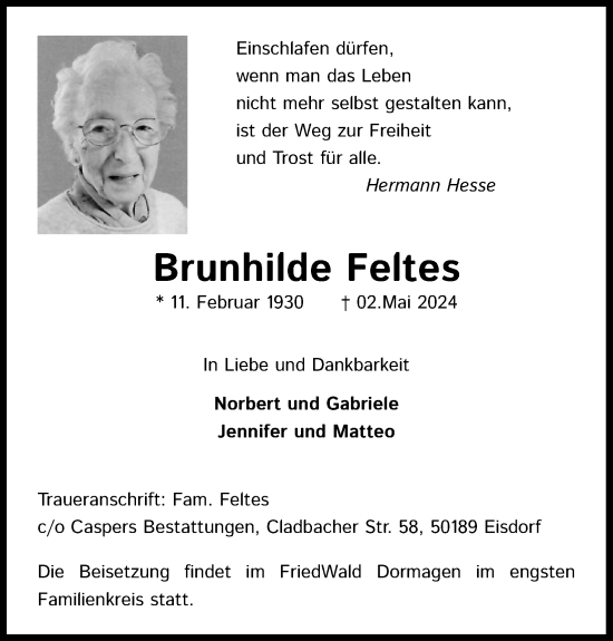 Anzeige von Brunhilde Feltes von Kölner Stadt-Anzeiger / Kölnische Rundschau / Express