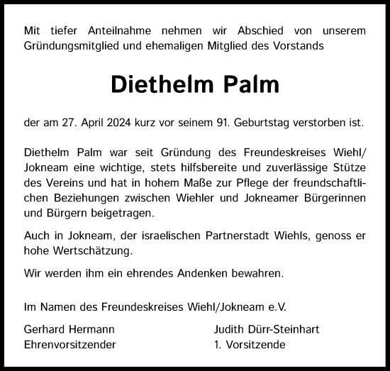 Anzeige von Diethelm Palm von Kölner Stadt-Anzeiger / Kölnische Rundschau / Express
