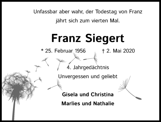 Anzeige von Franz Siegert von Kölner Stadt-Anzeiger / Kölnische Rundschau / Express