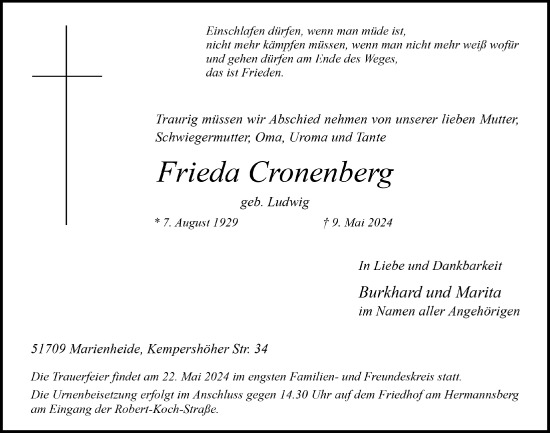 Anzeige von Frieda Cronenberg von  Anzeigen Echo 