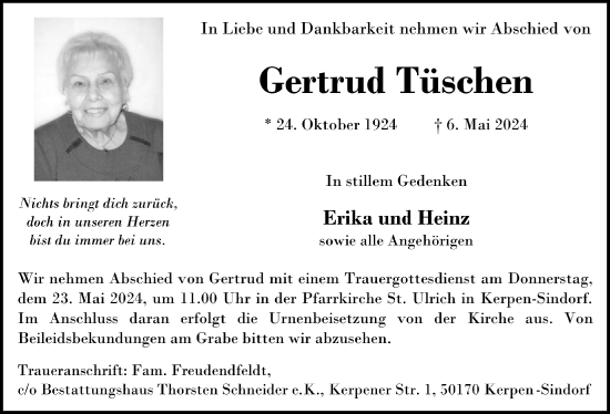 Anzeige von Gertrud Tüschen von  Werbepost 