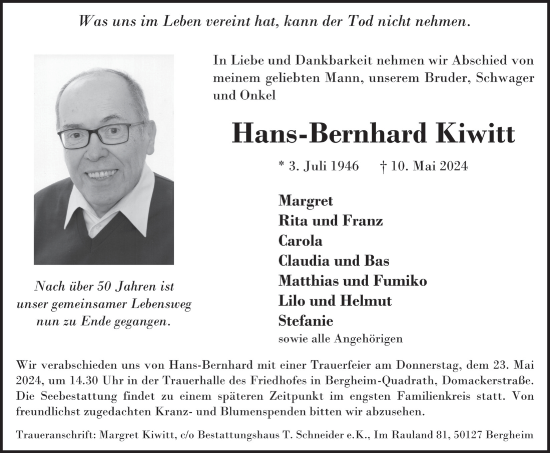 Anzeige von Hans-Bernhard Kiwitt von  Werbepost 
