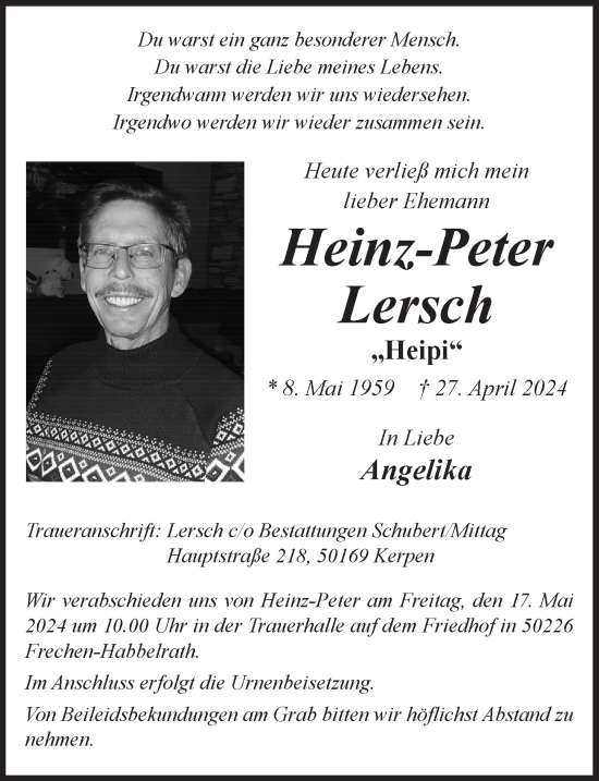 Anzeige von Heinz-Peter Lersch von  Wochenende 
