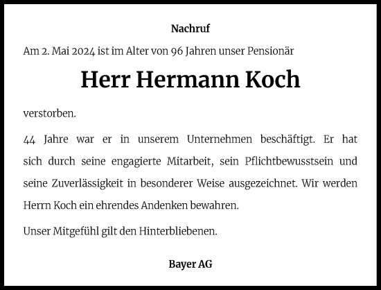 Anzeige von Hermann Koch von Kölner Stadt-Anzeiger / Kölnische Rundschau / Express