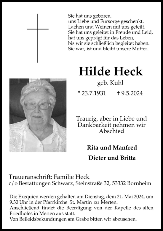 Anzeige von Hilde Heck von  Schlossbote/Werbekurier 