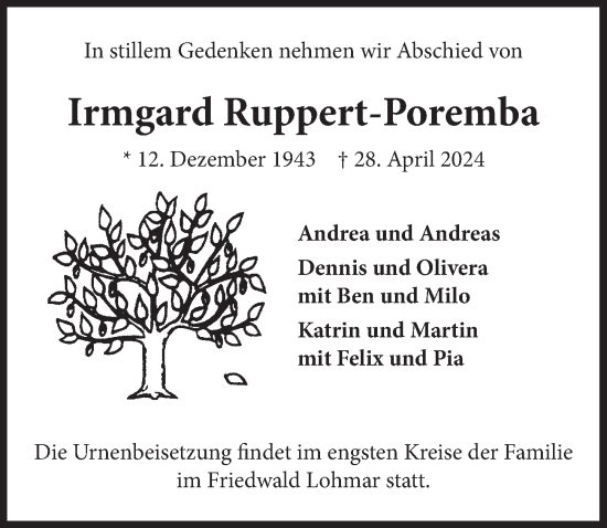 Anzeige von Irmgard Ruppert-Poremba von  Schlossbote/Werbekurier 