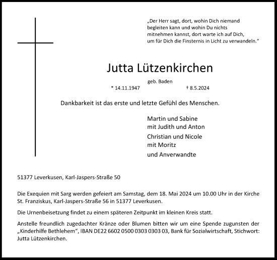 Anzeige von Jutta Lützenkirchen von Kölner Stadt-Anzeiger / Kölnische Rundschau / Express