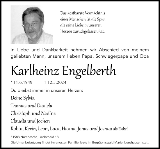 Anzeige von Karlheinz Engelberth von  Lokalanzeiger 
