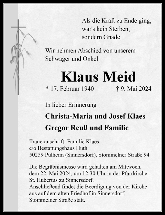 Anzeige von Klaus Meid von  Wochenende 