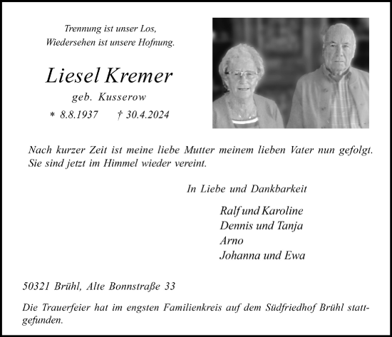 Anzeige von Liesel Kremer von  Schlossbote/Werbekurier 