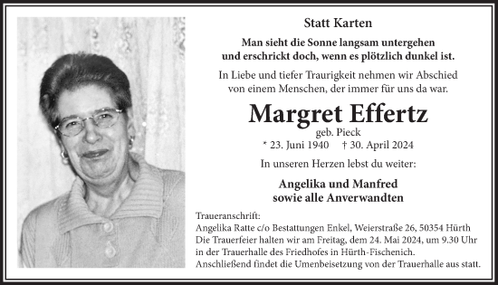 Anzeige von Margret Effertz von  Wochenende 