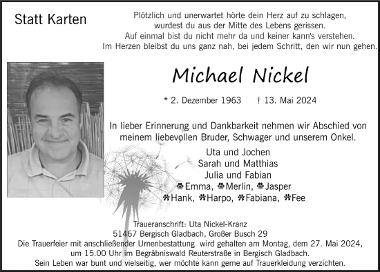 Anzeige von Michael Nickel von  Bergisches Handelsblatt 