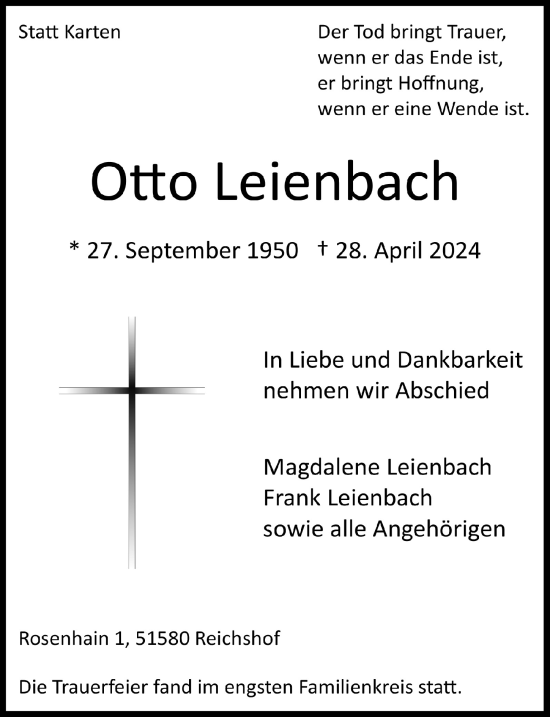 Anzeige von Otto Leienbach von  Lokalanzeiger 