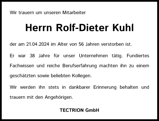 Anzeige von Rolf-Dieter Kuhl von Kölner Stadt-Anzeiger / Kölnische Rundschau / Express