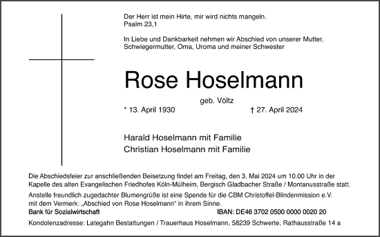 Anzeige von Rose Hoselmann von Kölner Stadt-Anzeiger / Kölnische Rundschau / Express