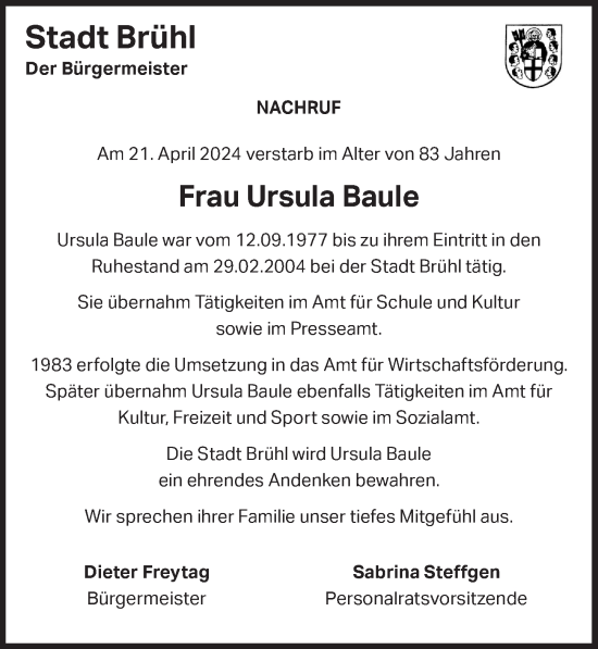 Anzeige von Ursula Baule von  Schlossbote/Werbekurier 