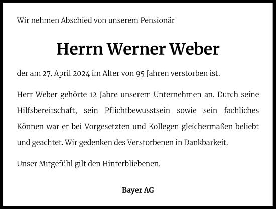 Anzeige von Werner Weber von Kölner Stadt-Anzeiger / Kölnische Rundschau / Express