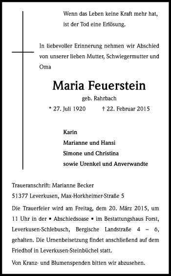 Anzeige von Maria Feuerstein von Kölner Stadt-Anzeiger / Kölnische Rundschau / Express
