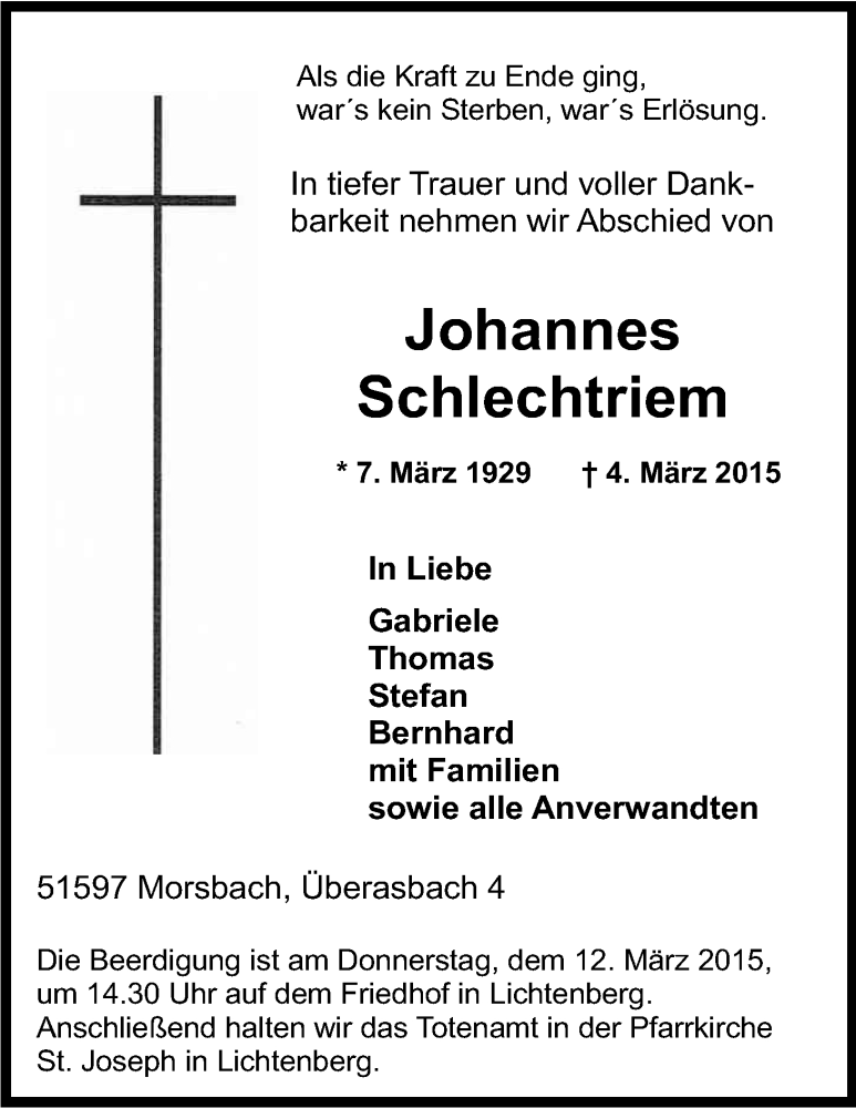  Traueranzeige für Johannes Schlechtriem vom 07.03.2015 aus Kölner Stadt-Anzeiger / Kölnische Rundschau / Express