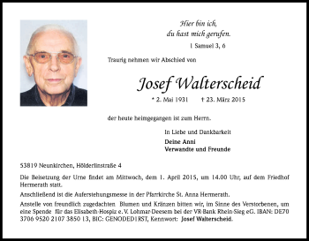 Anzeige von Josef Walterscheid von Kölner Stadt-Anzeiger / Kölnische Rundschau / Express