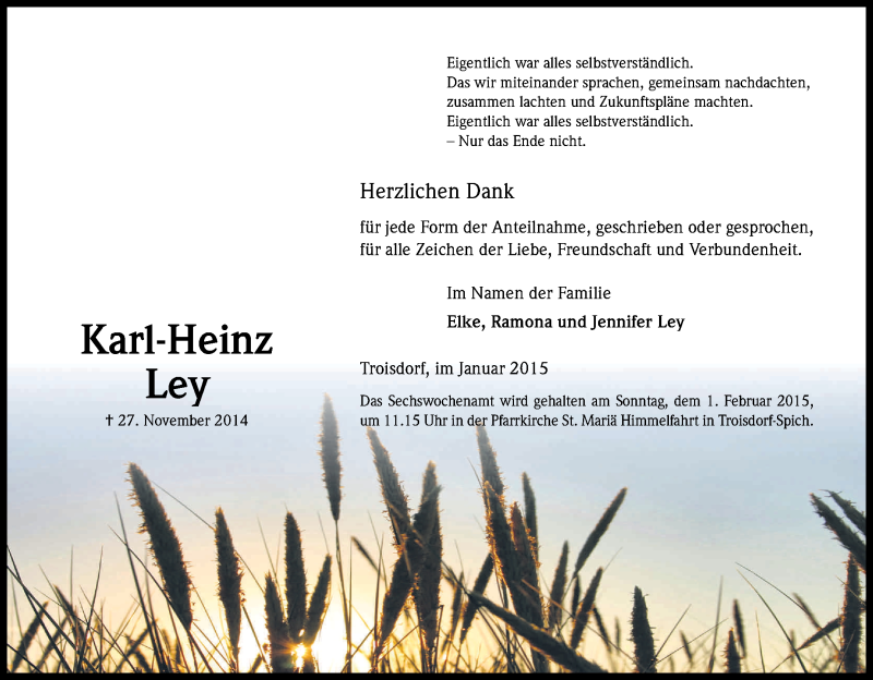  Traueranzeige für Karl-Heinz Ley vom 28.01.2015 aus Kölner Stadt-Anzeiger / Kölnische Rundschau / Express