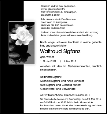 Anzeige von Waltraud Sigfanz von Kölner Stadt-Anzeiger / Kölnische Rundschau / Express