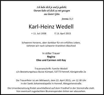 Anzeige von Karl-Heinz Wedell von Kölner Stadt-Anzeiger / Kölnische Rundschau / Express