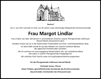 Anzeige von Margot Lindlar von Kölner Stadt-Anzeiger / Kölnische Rundschau / Express