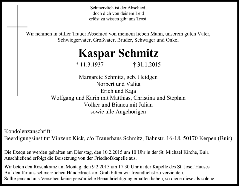  Traueranzeige für Kaspar Schmitz vom 06.02.2015 aus Kölner Stadt-Anzeiger / Kölnische Rundschau / Express