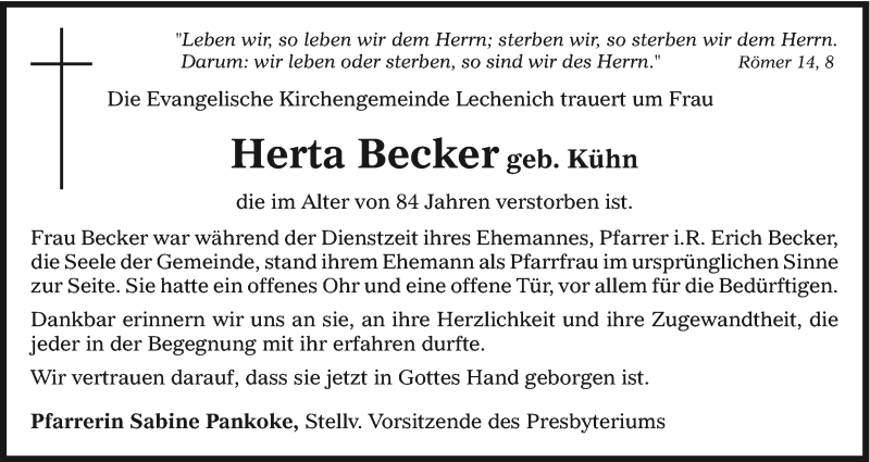  Traueranzeige für Herta Becker vom 12.06.2015 aus Kölner Stadt-Anzeiger / Kölnische Rundschau / Express