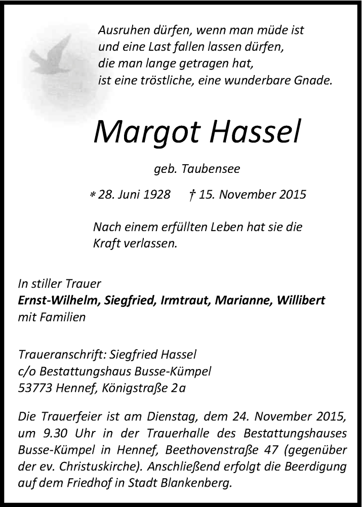  Traueranzeige für Margot Hassel vom 18.11.2015 aus Kölner Stadt-Anzeiger / Kölnische Rundschau / Express