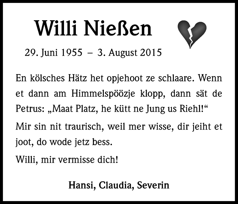  Traueranzeige für Willi Nießen vom 22.08.2015 aus Kölner Stadt-Anzeiger / Kölnische Rundschau / Express