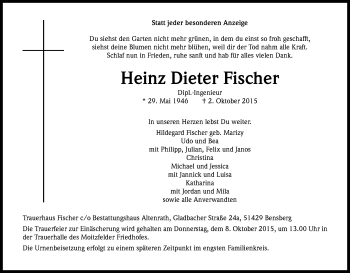 Anzeige von Heinz Dieter Fischer von Kölner Stadt-Anzeiger / Kölnische Rundschau / Express