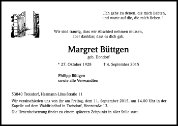 Anzeige von Margret Büttgen von Kölner Stadt-Anzeiger / Kölnische Rundschau / Express