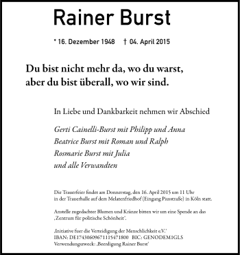 Anzeige von Rainer Burst von Kölner Stadt-Anzeiger / Kölnische Rundschau / Express