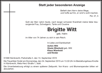 Anzeige von Brigitte Witt von  Lokalanzeiger 