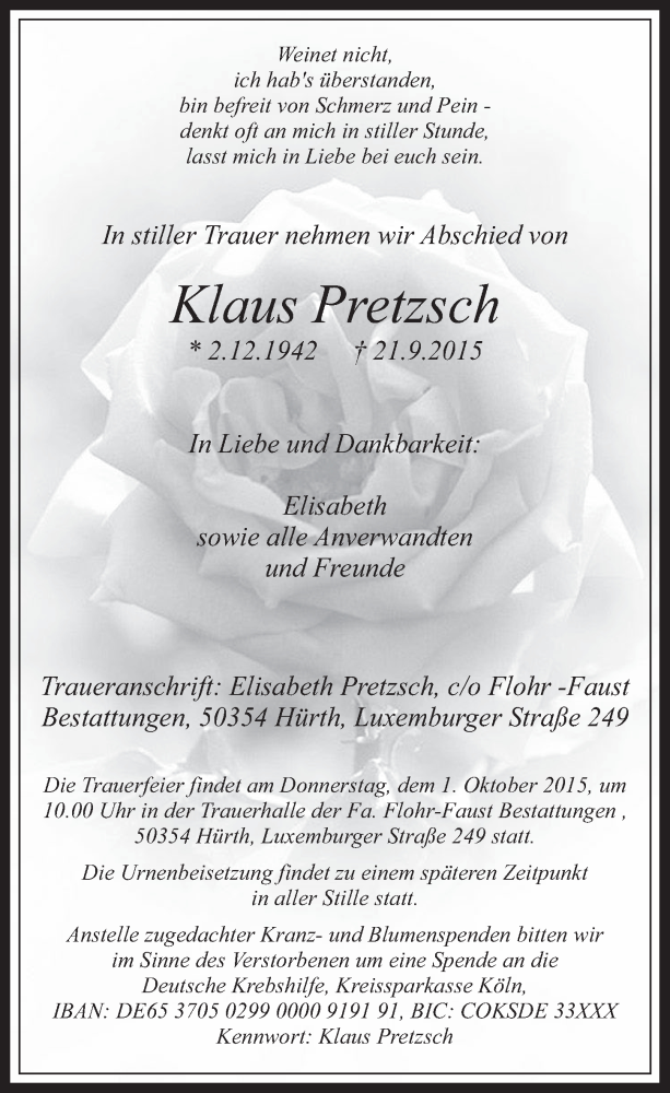  Traueranzeige für Klaus Pretzsch vom 30.09.2015 aus  Wochenende 