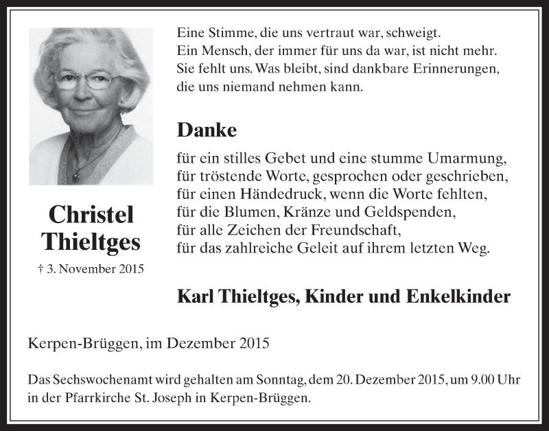  Traueranzeige für Christel Thieltges vom 16.12.2015 aus  Werbepost 