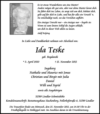 Anzeige von Ida Teske von Kölner Stadt-Anzeiger / Kölnische Rundschau / Express
