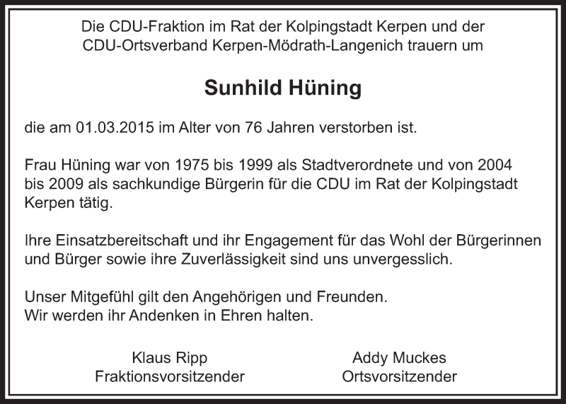  Traueranzeige für Sunhild Hüning vom 07.03.2015 aus  Sonntags-Post 