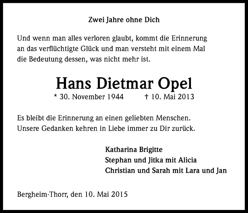  Traueranzeige für Hans Dietmar Opel vom 09.05.2015 aus Kölner Stadt-Anzeiger / Kölnische Rundschau / Express