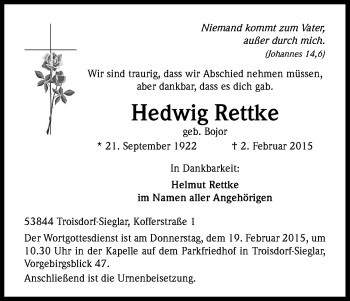 Anzeige von Hedwig Rettke von Kölner Stadt-Anzeiger / Kölnische Rundschau / Express