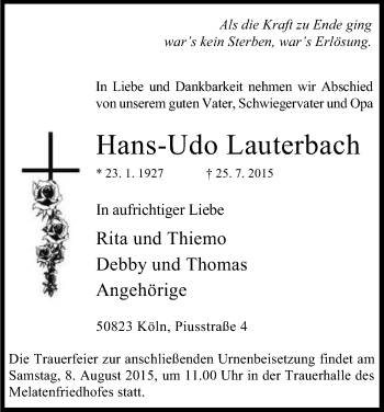 Anzeige von Hans-Udo Lauterbach von Kölner Stadt-Anzeiger / Kölnische Rundschau / Express