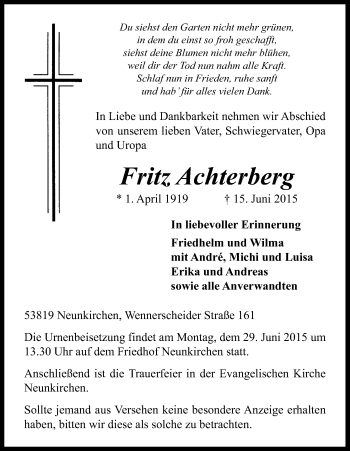 Anzeige von Fritz Achterberg von Kölner Stadt-Anzeiger / Kölnische Rundschau / Express