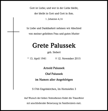 Anzeige von Grete Palussek von Köln - Wir Trauern