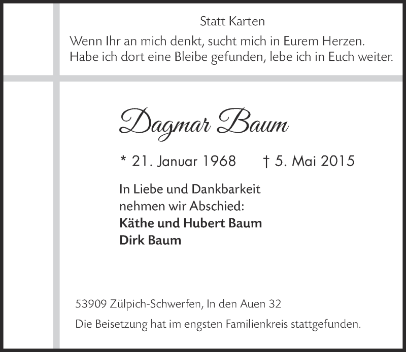  Traueranzeige für Dagmar Baum vom 24.05.2015 aus  Blickpunkt Euskirchen 